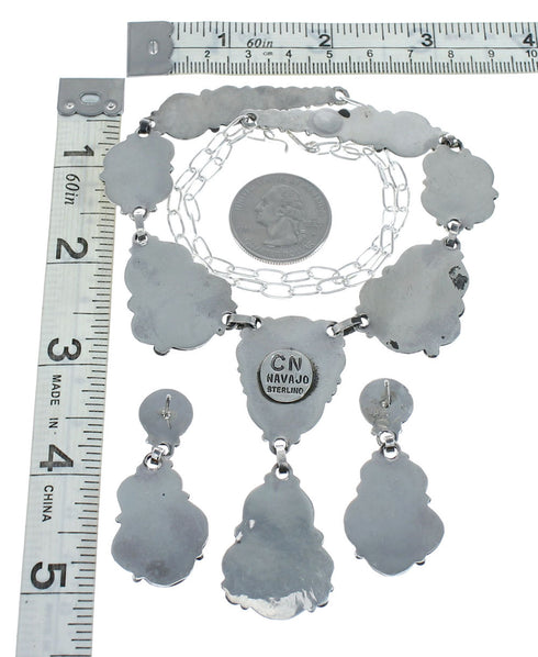 Genuine Sterling Silver Turquoise Navajo Link Necklace And Earrings Set NN20320